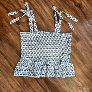 J. Crew Blue and White Patterned Mesh Crop Top, tie straps